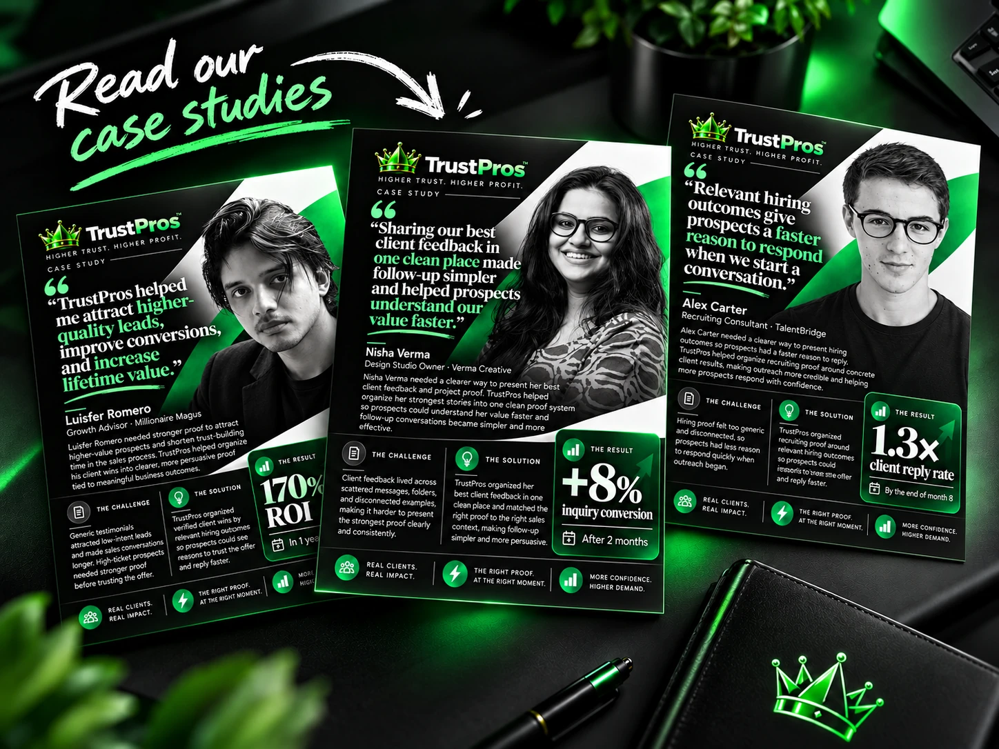 Three TrustPros case studies featuring Luisfer Romero, Nisha Verma, and Alex Carter