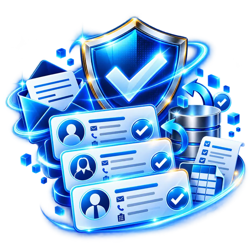 Verified business contact cards, email data checks and secure targeting shield