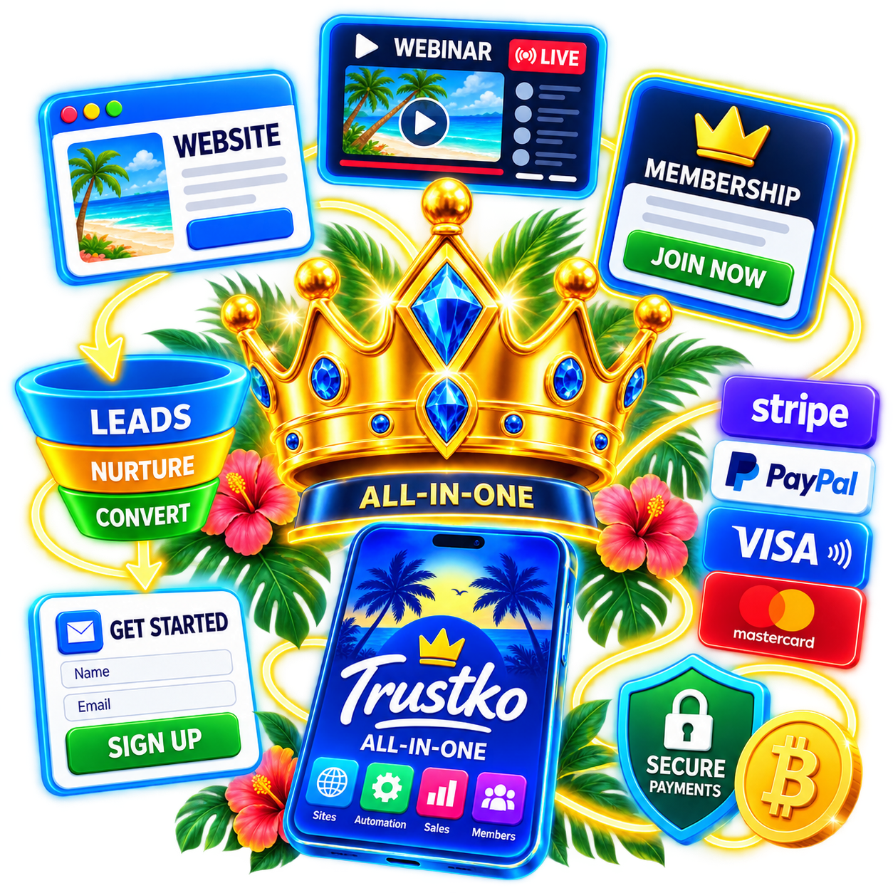 Trustko All-in-One system with crown, websites, webinars, memberships, lead nurture, forms and secure payment options