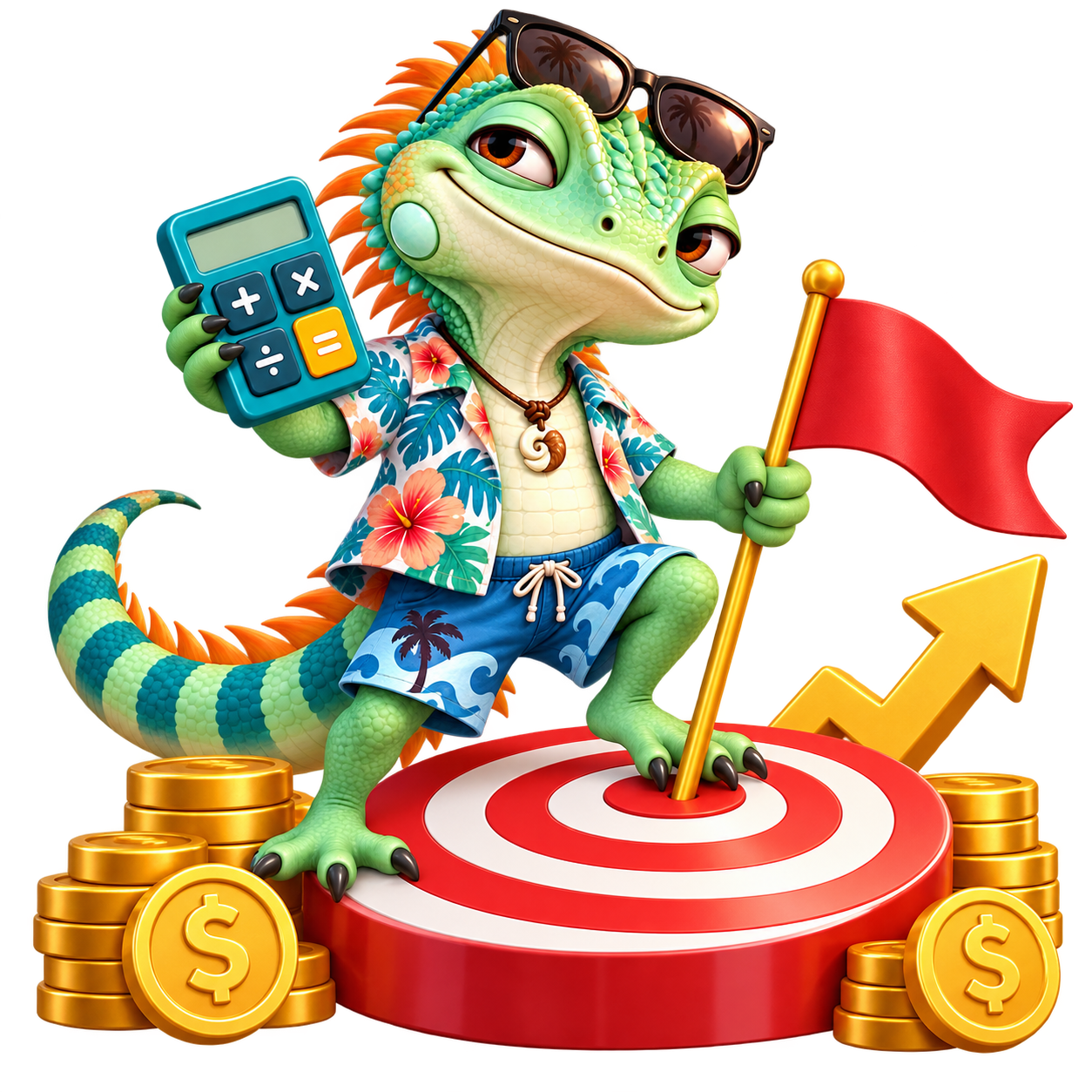 Trustko holding a calculator and planting a red flag on a target surrounded by profit coins