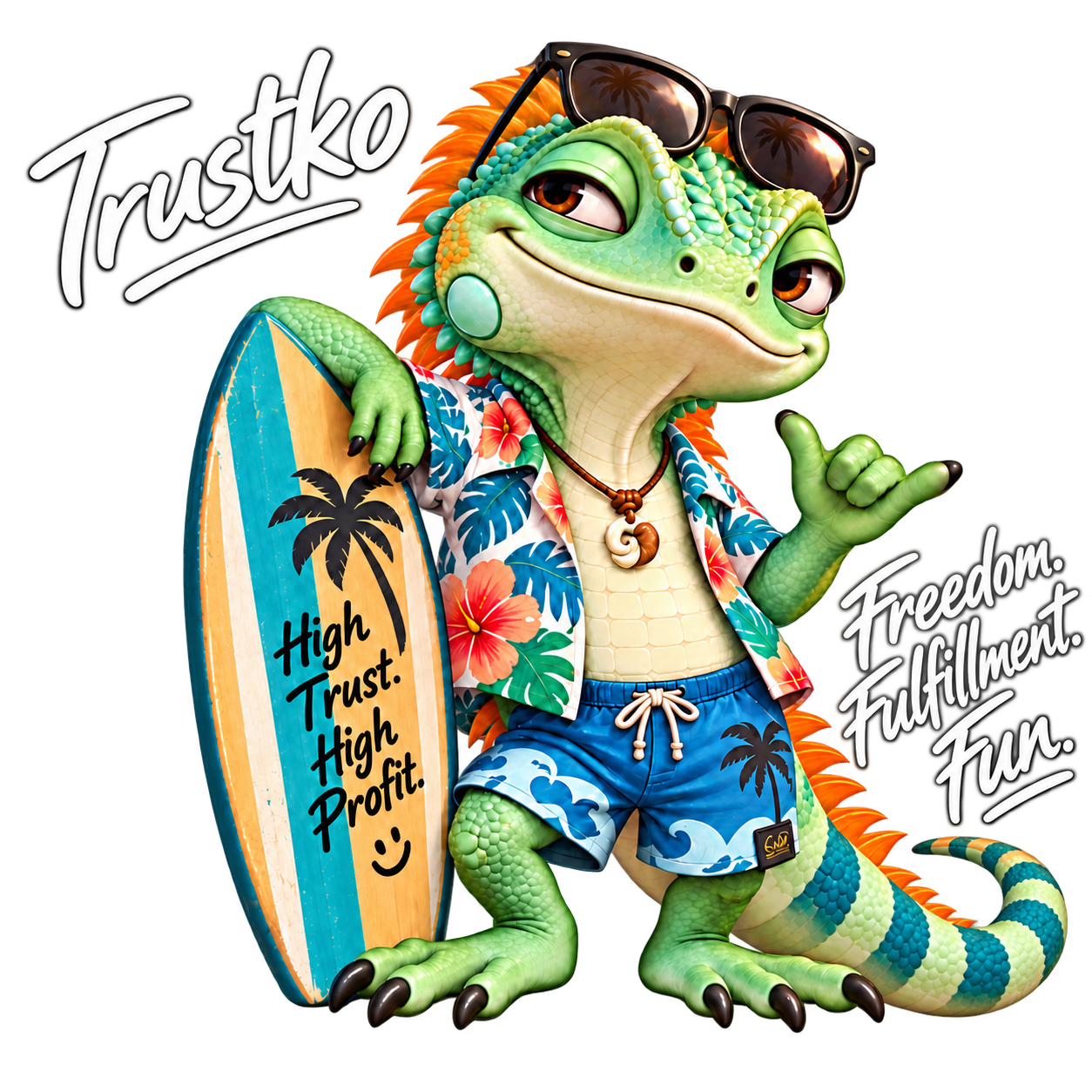 Trustko leaning on a surfboard with the handwritten Trustko signature and High Trust. High Profit. message.