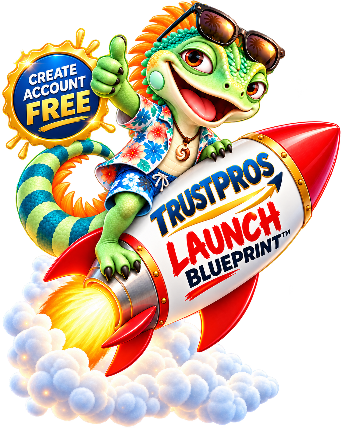 Trustko launching on a rocket promoting the free TrustPros Launch Blueprint