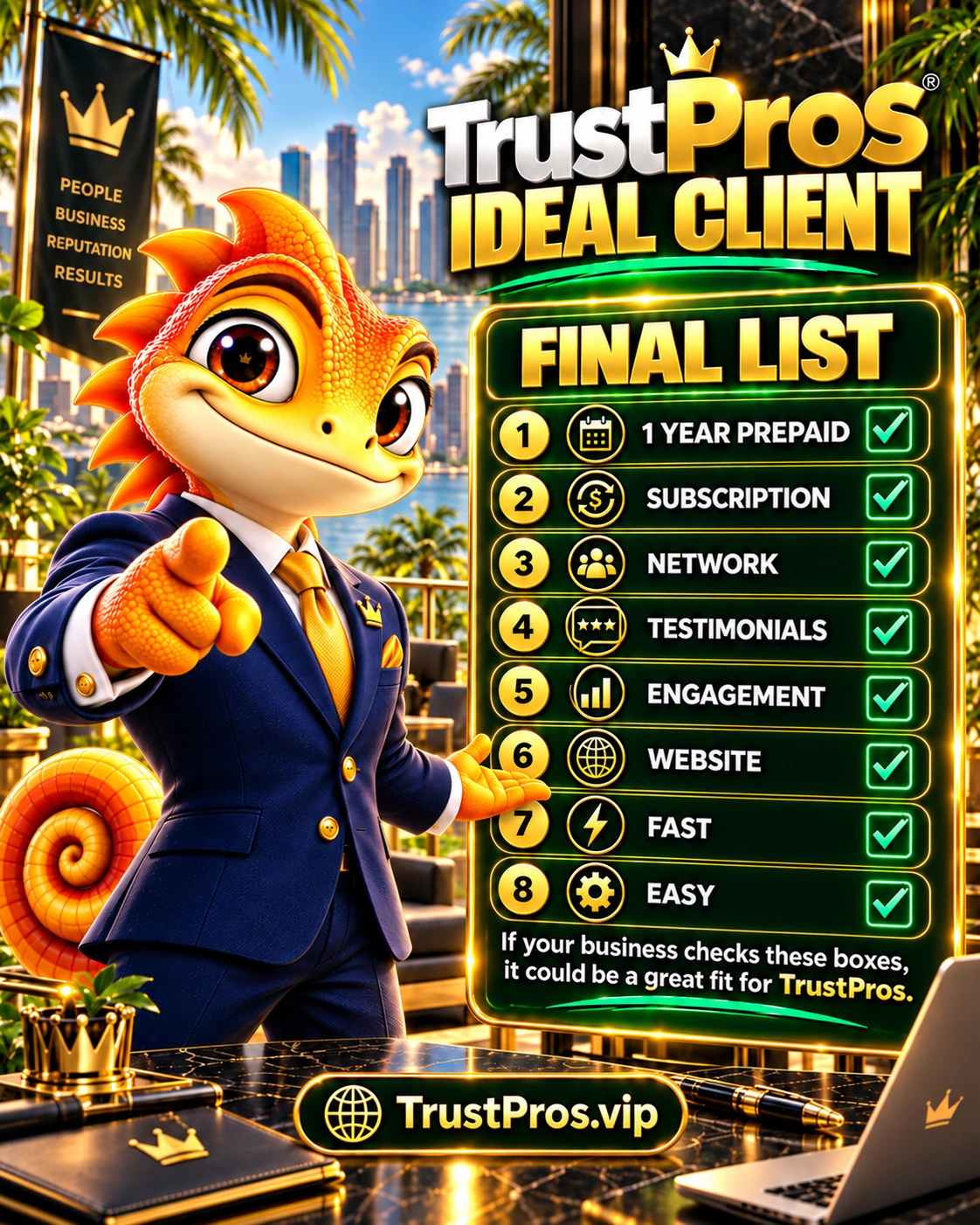 Salesko presents the eight ideal client criteria: one year prepaid, subscription, network, testimonials, engagement, website, fast, easy
