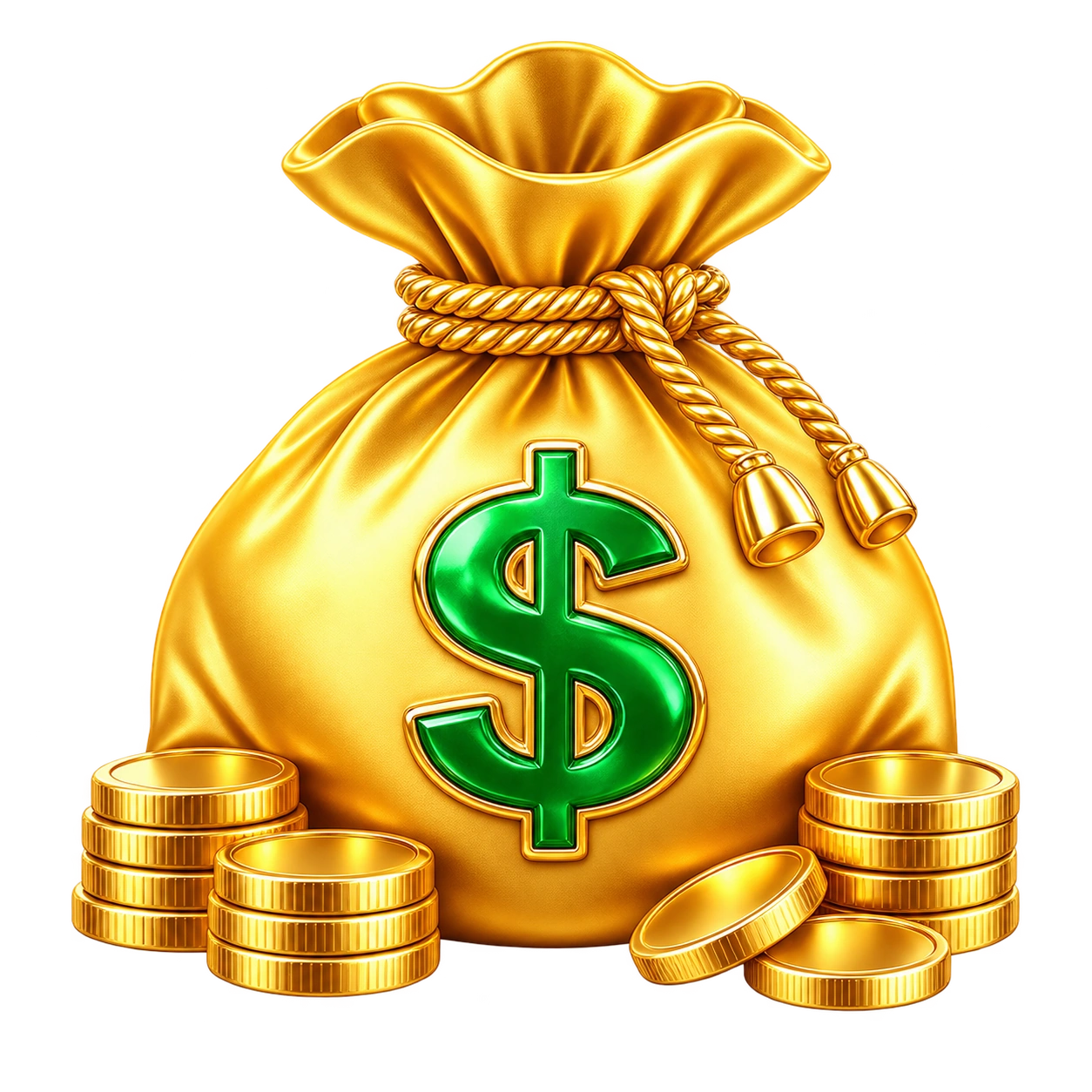 Gold money bag with a green dollar sign and coins, representing profitable commercial opportunities
